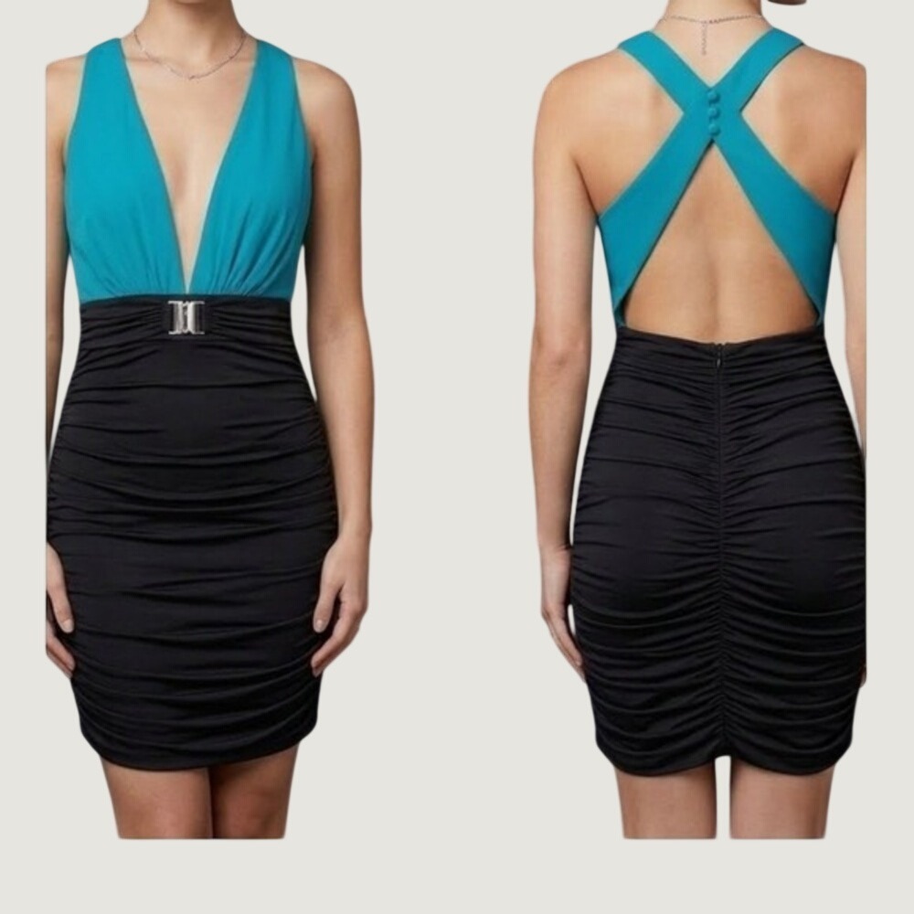 Arden B Deep Plunging V-Neck Bodycon Colorblock Open back Mini Evening Dress